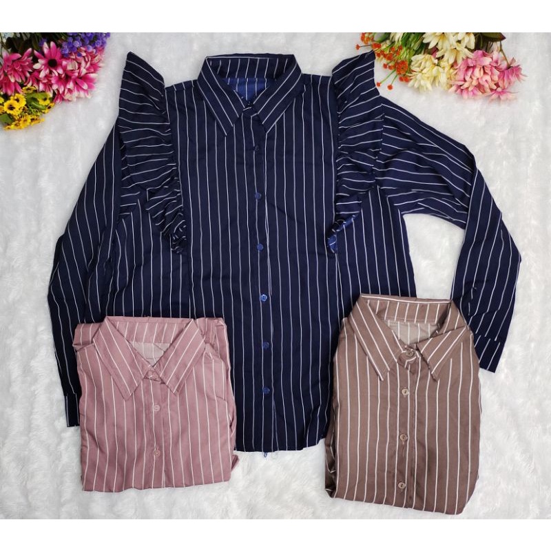 kemeja garis garis lengan panjang wanita / kemeja ruffle / kemeja formal / kemeja salur lengan panja