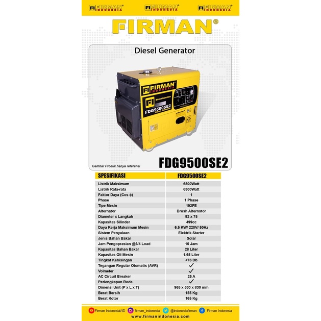 Genset Silent Diesel FIRMAN FDG9500SE2 6500Watt / Generator Silent  FDG 9500 SE2 6500 Watt