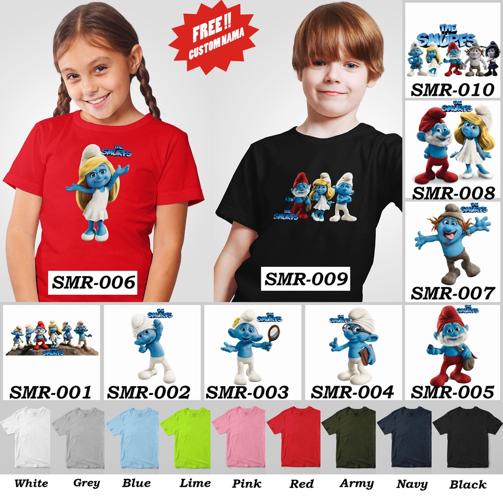 [FREE NAMA !!] Kaos Anak &amp; Family The Smurfs 100% COTTON PREMIUM