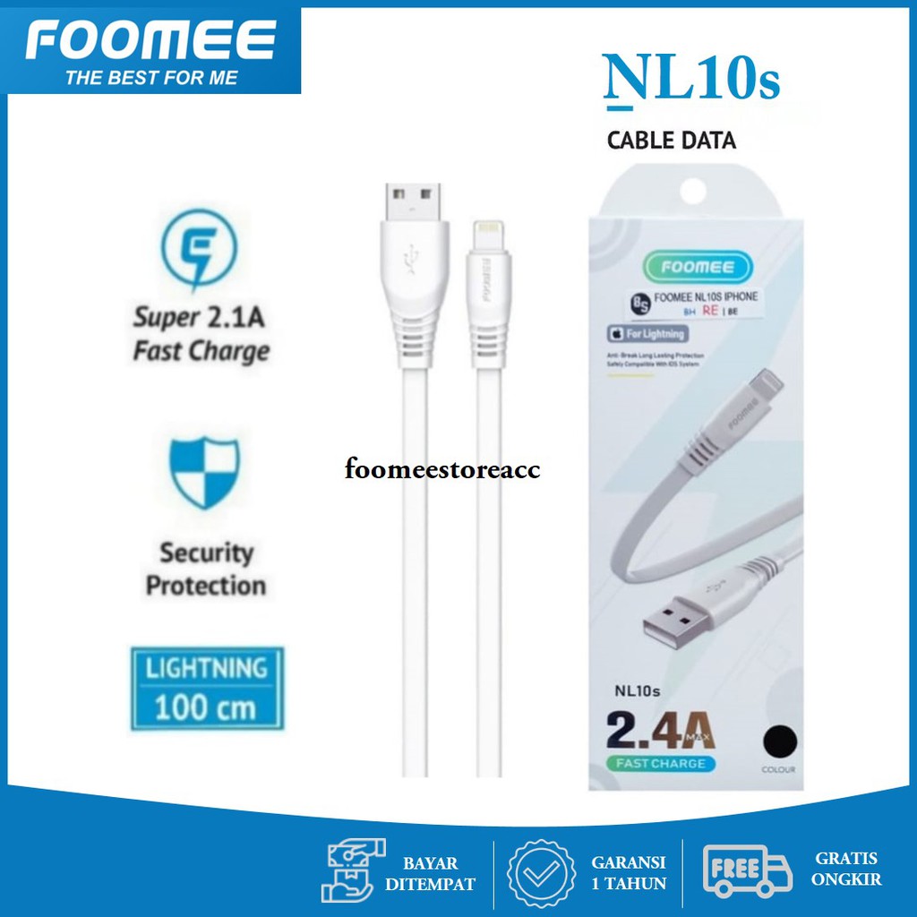 Kabel Data Iphone Lightning Foomee NL10s Cable Charger Casan Fast Charging 100 cm Garansi 1 Tahun