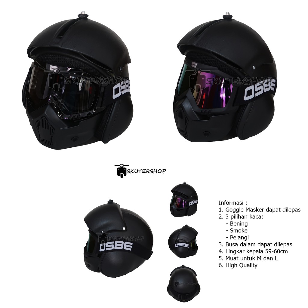 Helm Retro Pilot Kulit Klasik Vespa Honda CB C70 Motif Black Solid Hitam Polos + Goggle masker Osbe