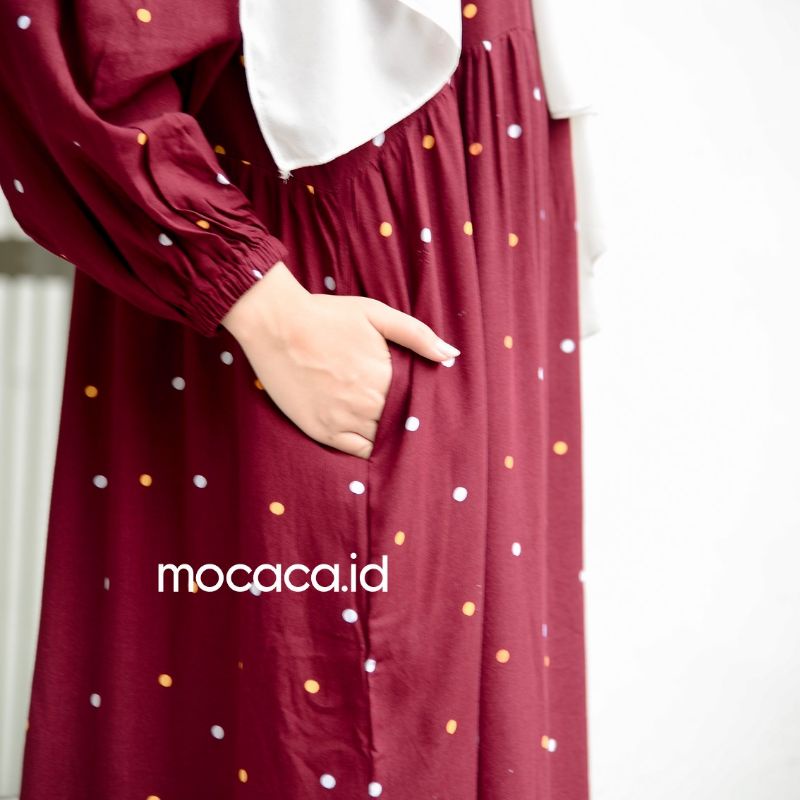 midi dress polkadot merah maroon kuning polka ootd hijab lengan karet kekinian katun rayon adem