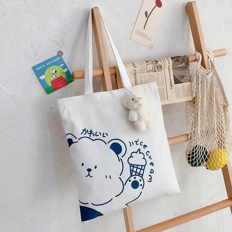 MISO tote bag wanita tas kanvas motif beruang es krim korea lucu cute / totebag tas sekolah selempan