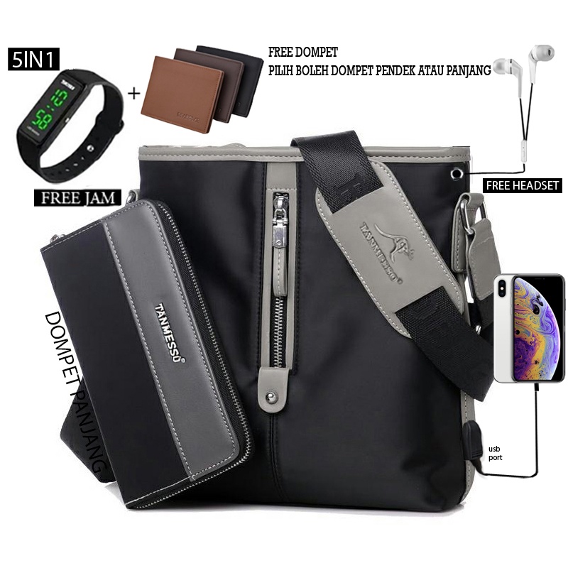 TANMESSO 5in1 BAYAR DITEMPAT- JAM LED -HEADSET- DOMPET -USBPORT -TAS WATERPROOF-BAHAN INTERPILAR SENDIRI LEMBUT DAN TEBAL MENGANDUNG 70%COTTON BUKAN PARASUT ATAU KANVAS SEPERTI YANG BEREDAR DIPASARAN-TAS SELEMPANG PRIA-SLING BAG PRIA