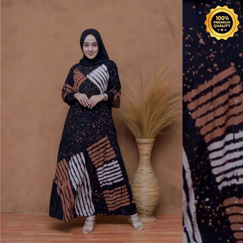 Gamis Twill Rayon Malaman Terbaru Kekinian Busui | Gamis Tiedye NEW-STRIP V2 COKLAT