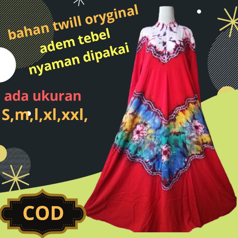 Gamis twill ori Pekalongan motif pelangi sasirangan Busui size S,M,l,XL,jumbo