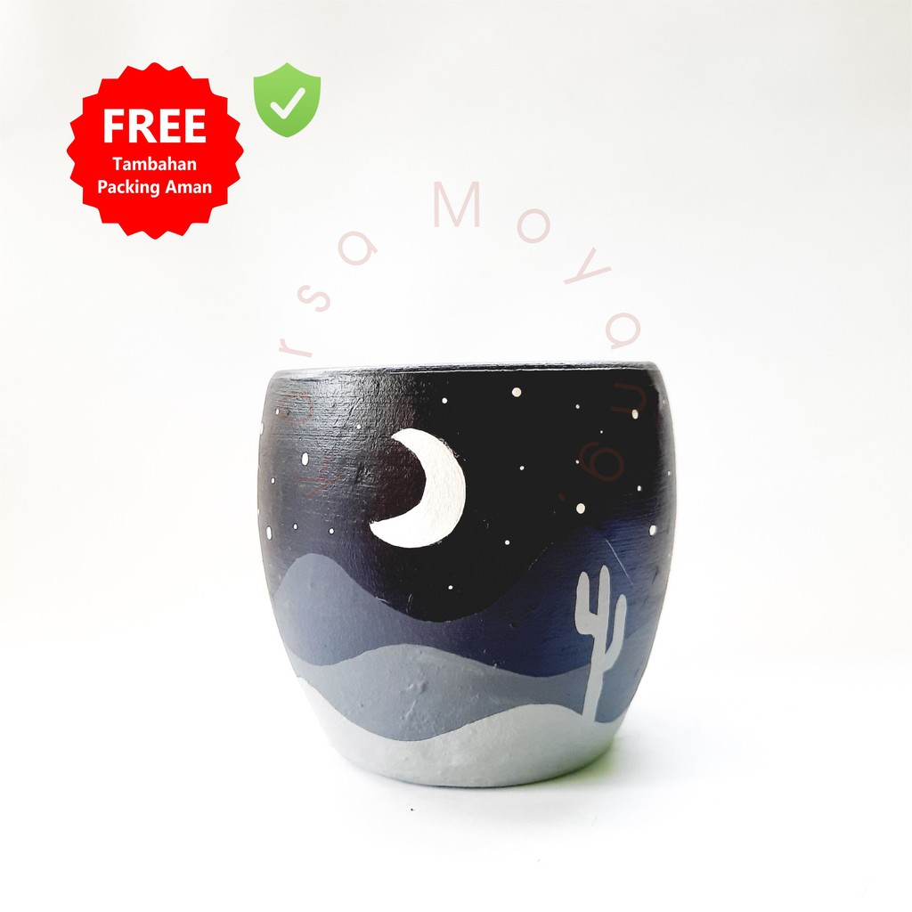 Pot Lukis Tanah Liat / Gerabah / Terracota -  Night Skyline Mini