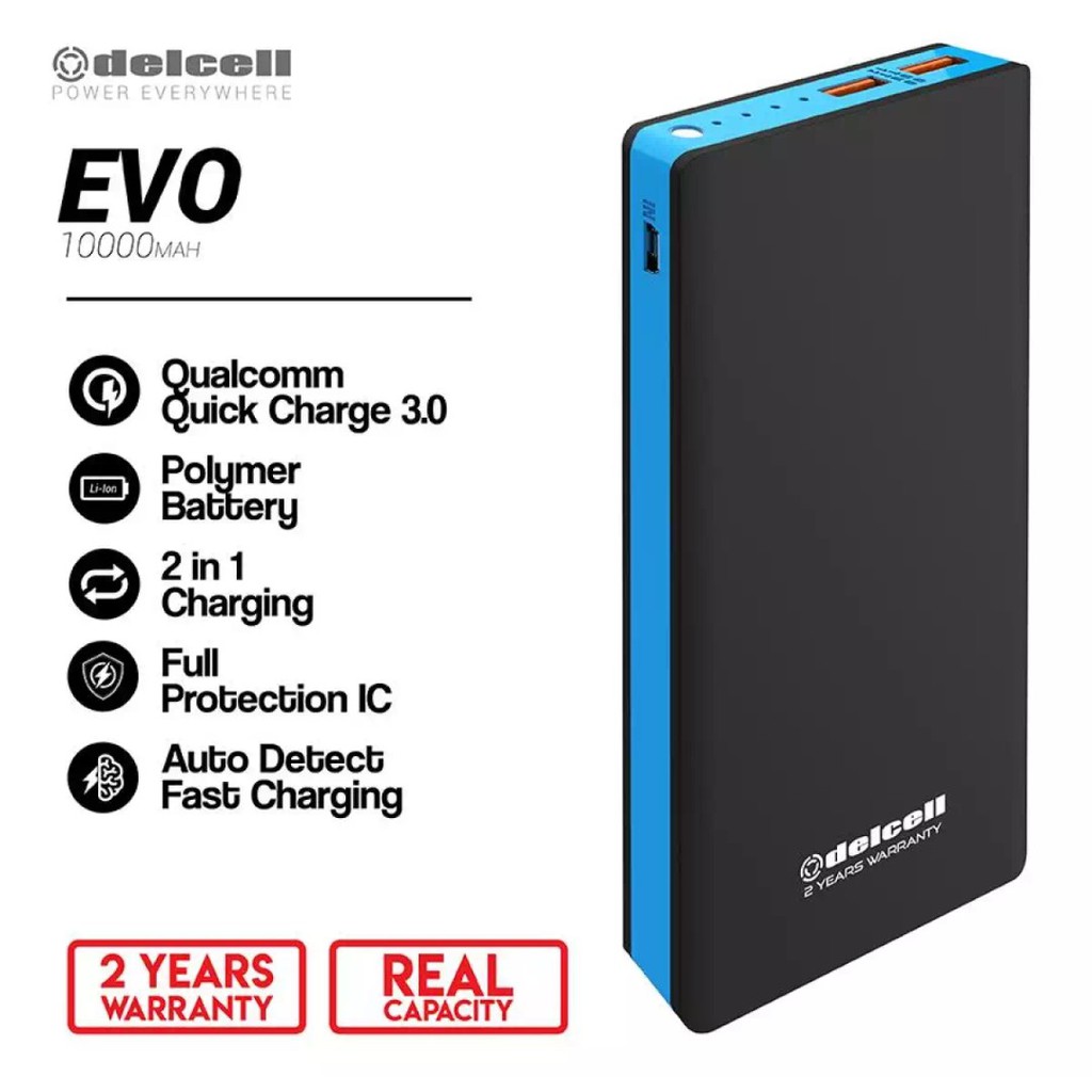 Powerbank QC 3.0 Delcell Evo 10000 mah Original Delcell Evo 10000mah Quick Charge Garansi Resmi 2 th