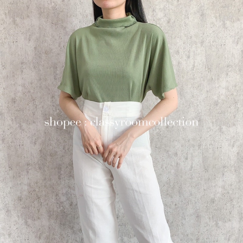 EZCA TOP BAJU ATASAN BLOUSE WANITA LENGAN PENDEK BAHAN RIB RAJUT KNIT TURTLENECK TURTLE NECK POLOS DARK BLUE BRICK ORANGE BATA BROWN LAVENDER PURPLE LATTE CREAM NUDE BLACK ARMY LIGHT GREEN PASTEL GREEN TEA FUCHSIA SHOCKING PINK GREEN WHITE GREY-4