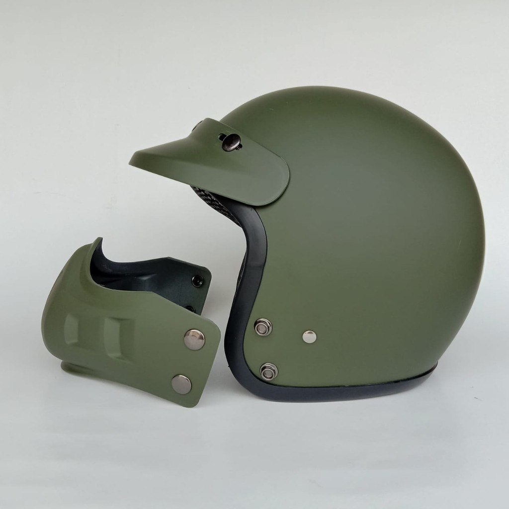 Helm Retro Cakil Modular Hijau Army Doff (Vespa / Klasik / Vintage)