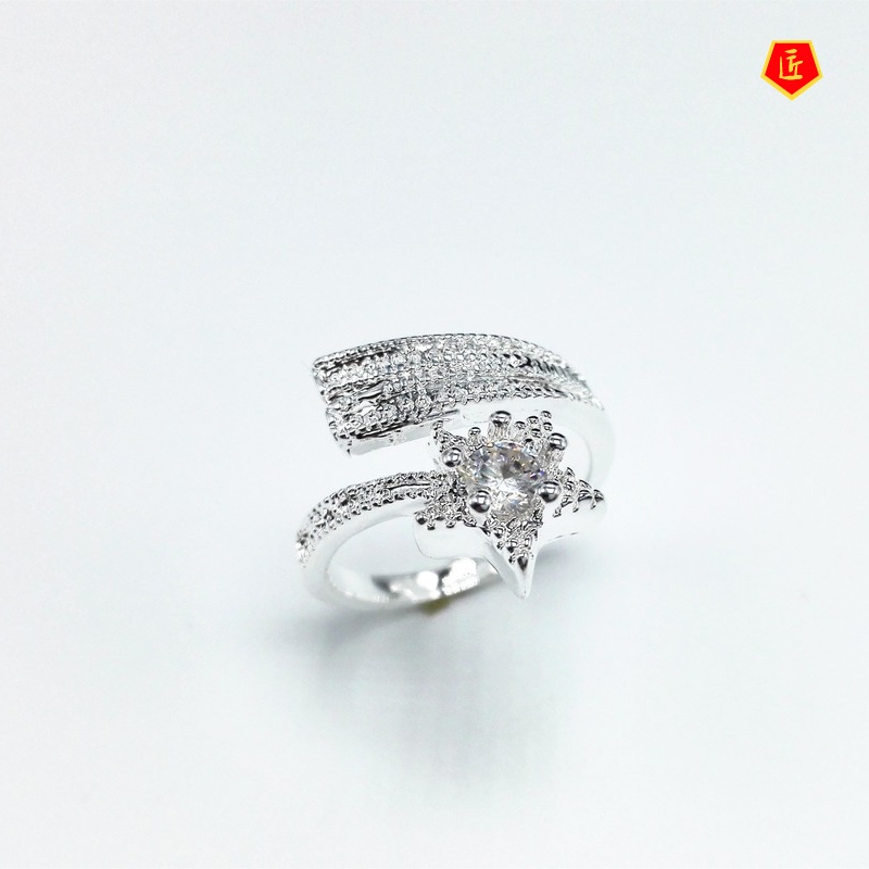 [Ready Stock]Silver Fashion Luxury Five-Pointed Star Diamond-Studded Ring