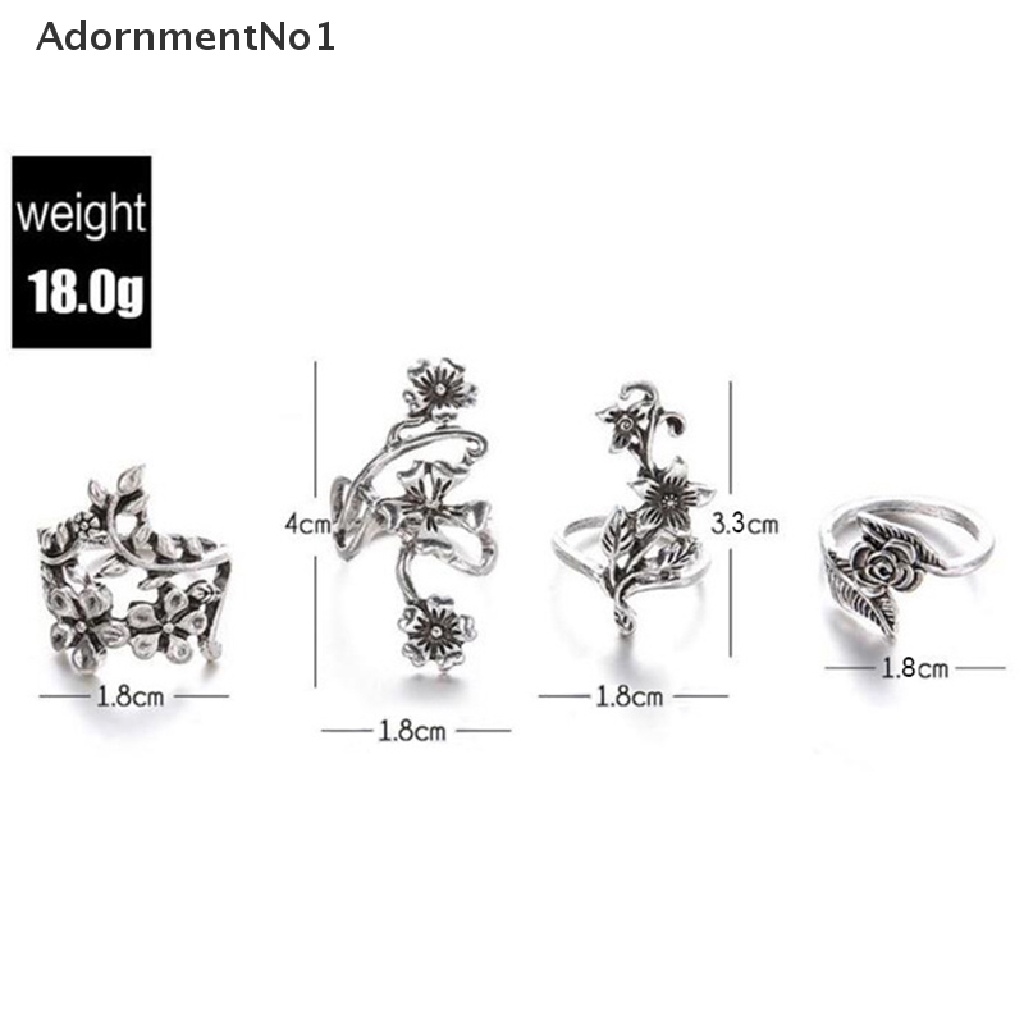 (AdornmentNo1) 4pcs / Set Cincin Antik Gaya Vintage Bohemia Bentuk Bunga Mawar Warna Silver Untuk Wanita