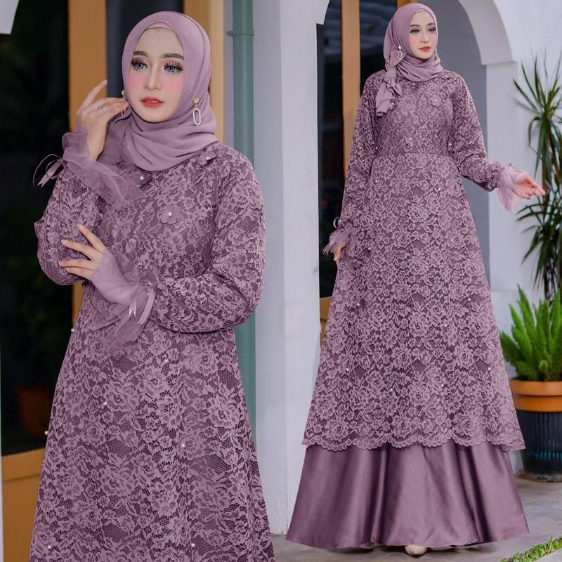 Vellona Baju Gamis Full Brukat Pesta Premium Remaja Dewasa Wanita Jumbo-Lavender
