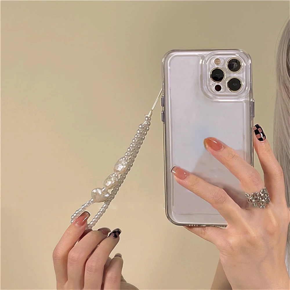 Hard Case Akrilik Transparan Motif Hati Aksen Rantai Mutiara Untuk iPhone 14 Pro Max 13 12 11 Pro XS Max X XR 7 8 Plus SE 3