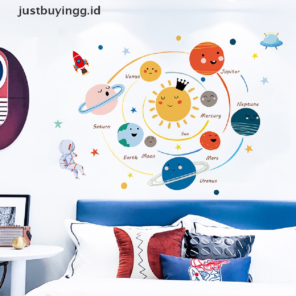 Stiker Dinding Desain Kartun Planet Tata Surya Dapat Dilepas Untuk Kamar Anak