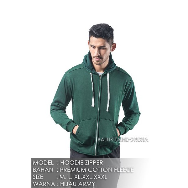 Jaket Hoodie Zipper Hijau Army  Pria Polos /M-L-XL-XXL-XXXL
