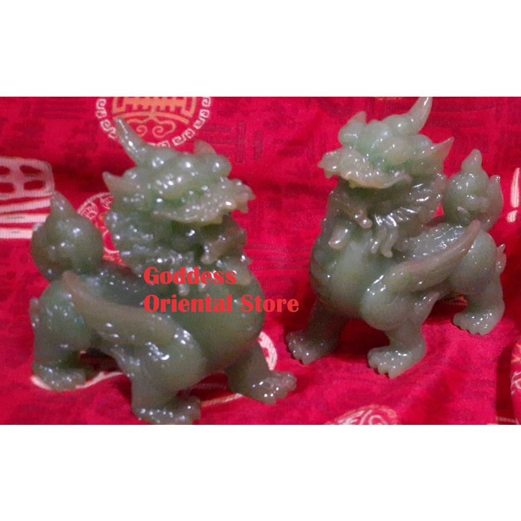 Paket Hemat 2 pcs 2 in 1 Patung Figurine Feng Shui Giok Jade Hijau Style Resin Unik Xilin Qilin Cill