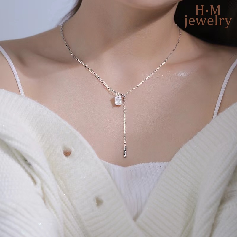 Kalung Rantai Klavikula Bahan S925 Silver Model Rumbai Bentuk Persegi Aksen Berlian