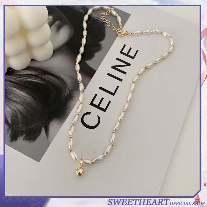Kalung Rantai Klavikula Hias Liontin Bola Mutiara Gaya Retro Perancis Untuk Wanita