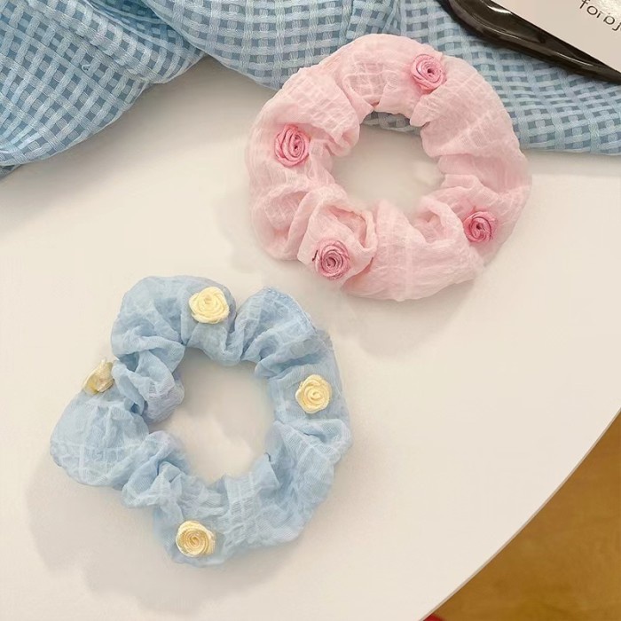 Scrunchies ikat rambut pink lucu motif bunga tali rambut kain kunciran