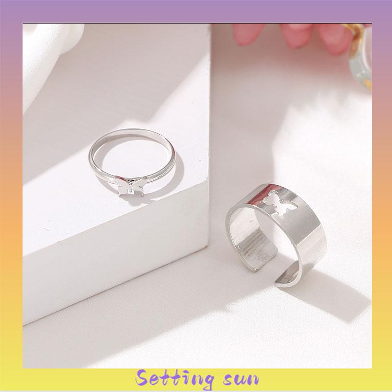 COD✨ 2pcs / Set Cincin Desain Kupu-Kupu Hollow Warna Emas Silver Gaya Retro Untuk Pasangan TN