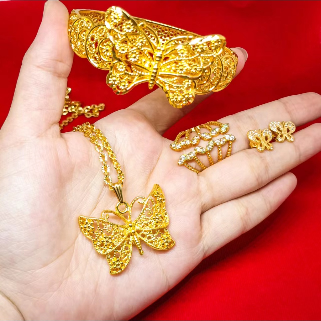 satu set ear studs+gelang+kalung liontin+cincin kendari gold 24K hadiah perhiasan kupu-kupu