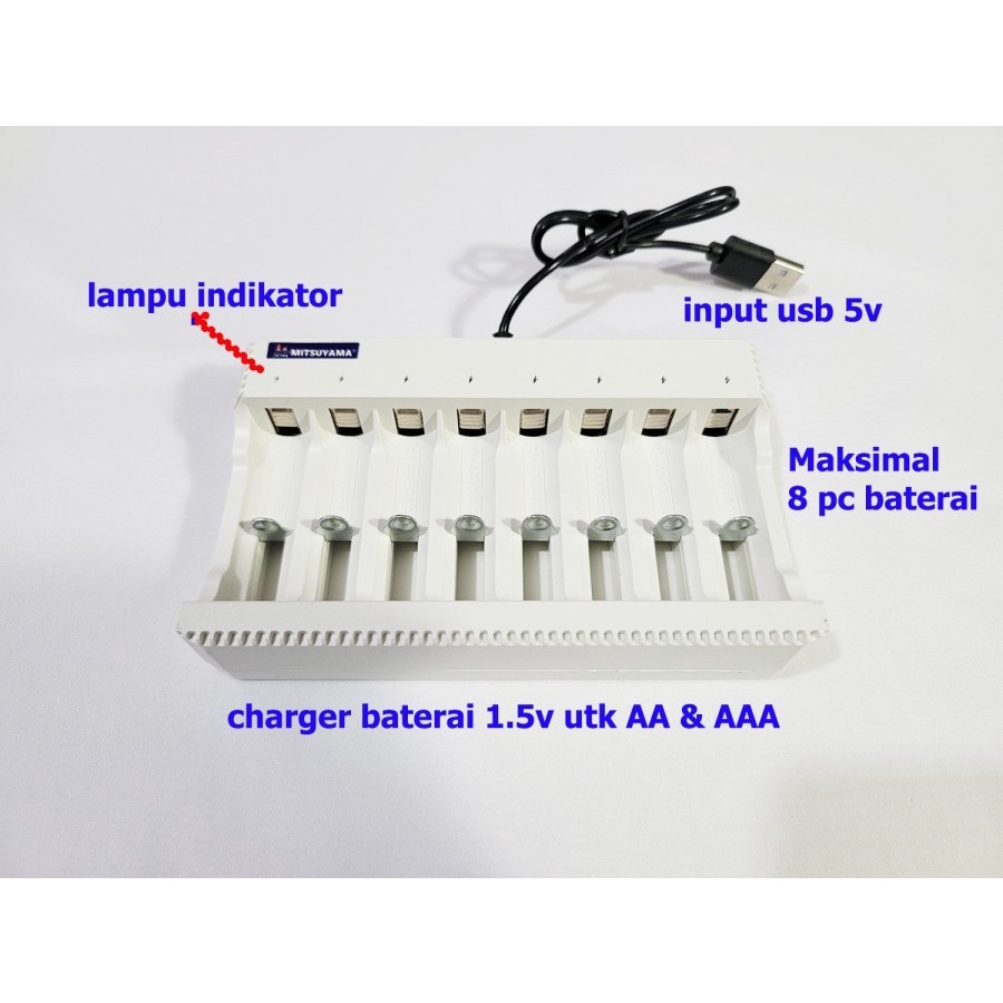 Barangunik2021-Alat Cas Charger Baterai AA AAA 8 Slot Colokan USB Mitsuyama MS-08B/Alat Cas Baterai