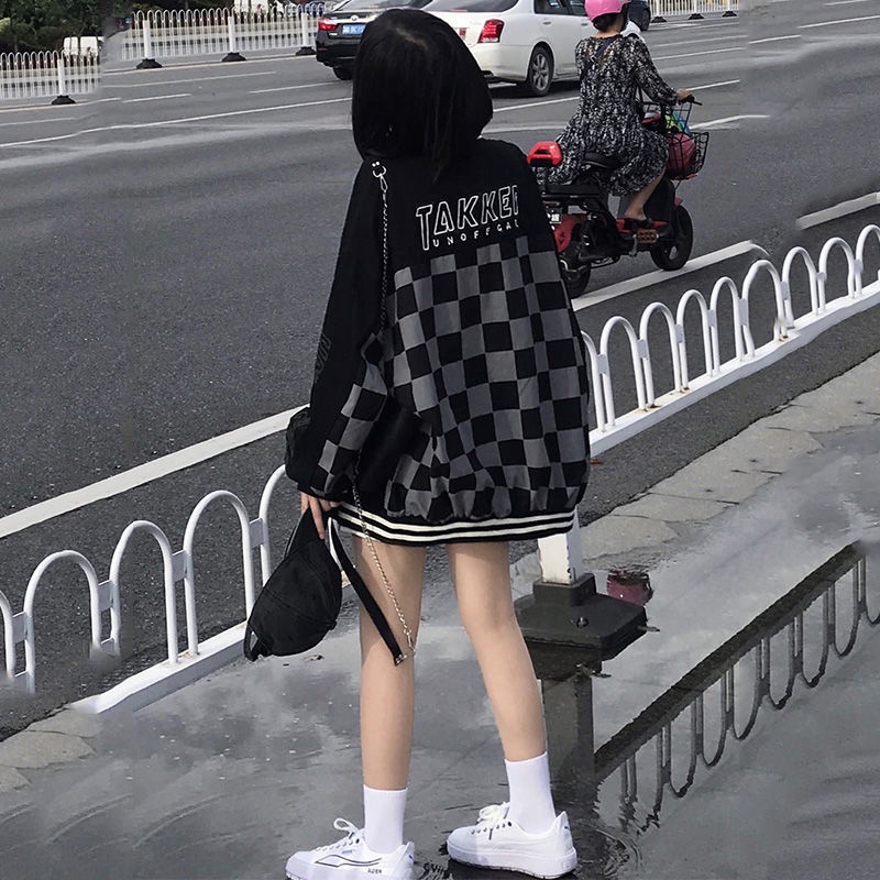 Jaket bisbol Suhao high-end kotak-kotak jaket bisbol wanita pakaian luar jaket gaya Harajuku mahasis