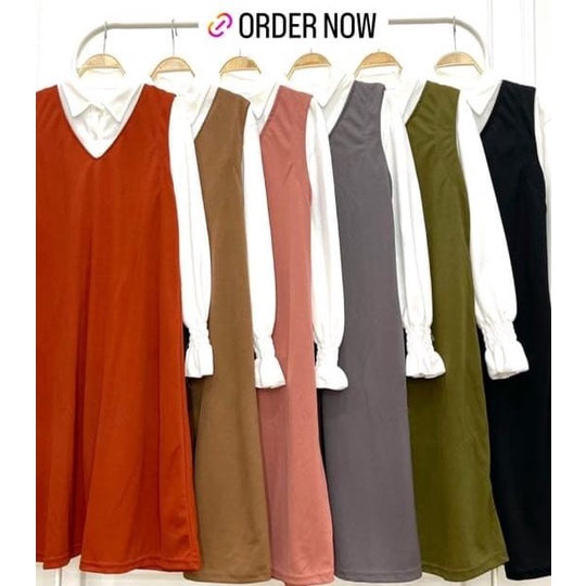 Long tunik busui model overal + inner kemeja putih bisa lepas pasang bahan voxy premium merk cocobee