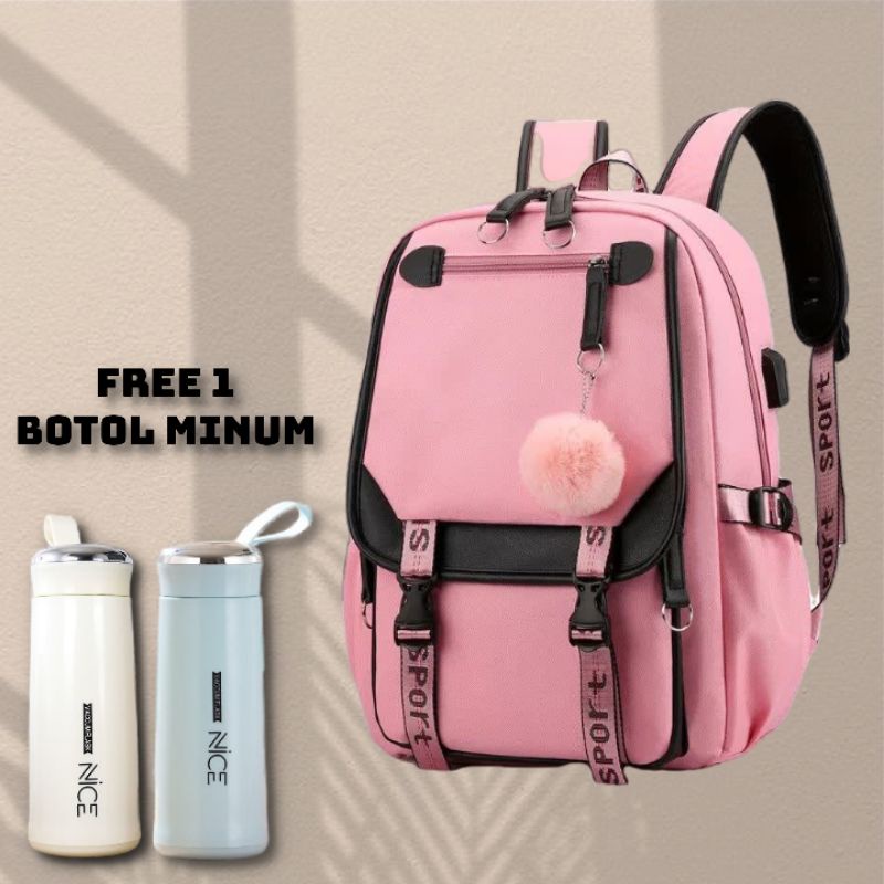 Tas Ransel Remaja anak-anak Tas Wanita Terbaru Tas Unisex Tas cute Buat Hadiah Kado buat Sekolah-Full pink + botol
