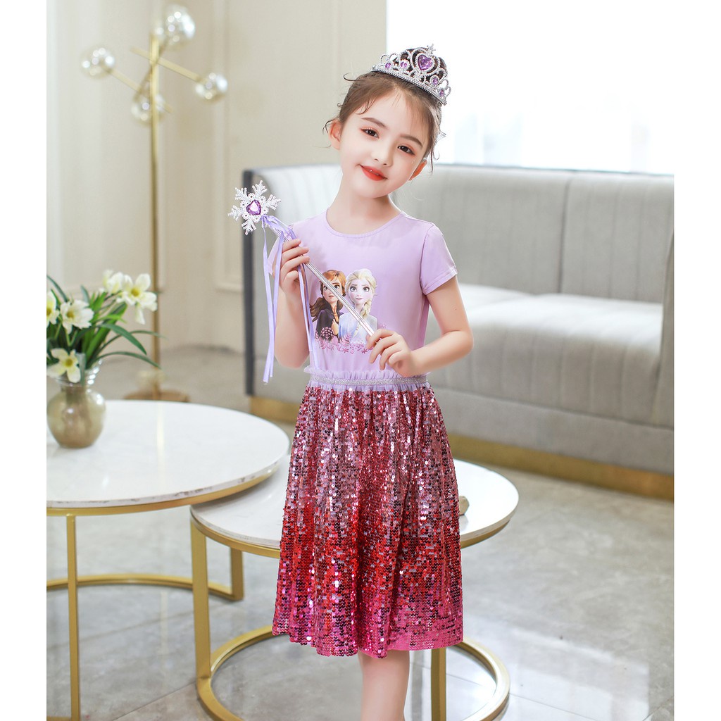 Kids girl Frozen Dress ANAK PEREMPUAN  Payet berkilauan Lengan pendek Frozen Kaos Rok