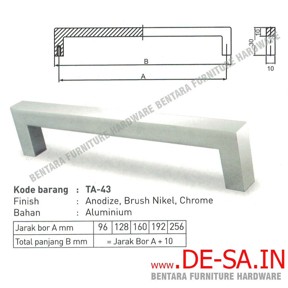 Huben TA-43 256 MM - Tarikan Laci Meja Lemari Kabinet Gagang Pintu Handle Aluminium Nikel Chrome Meja Lemari Kabinet (Sekitar 25 - 26 - 27  cm)
