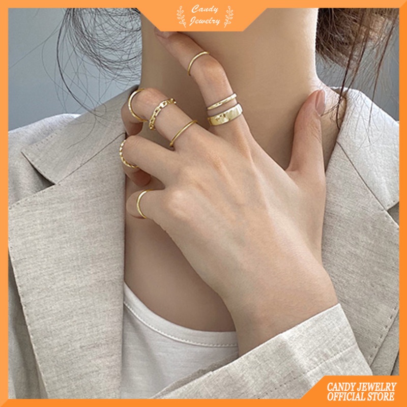 7pcs / set Cincin Jari Telunjuk Bentuk Geometris Bahan Logam Gaya Hip-hop Untuk Wanita