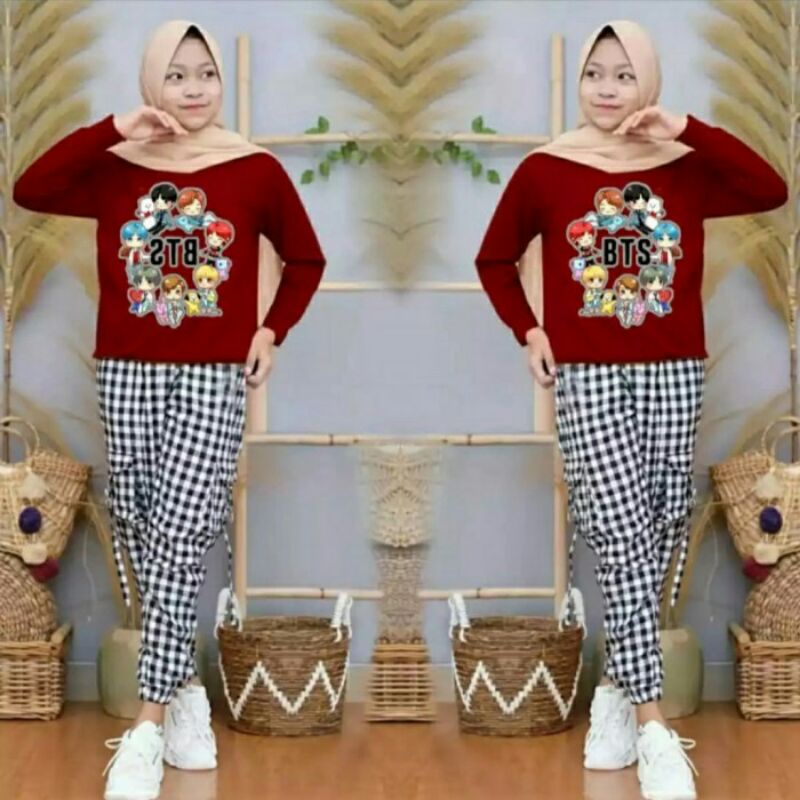 Baju Anak Perempuan Baju Setelan Anak Umur 8-9 Tahun Setelan Anak Kotak BTS