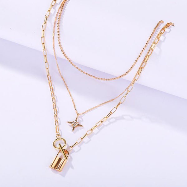 kalung multilayer star lock pendant multilayer necklace jka207 (1H1)