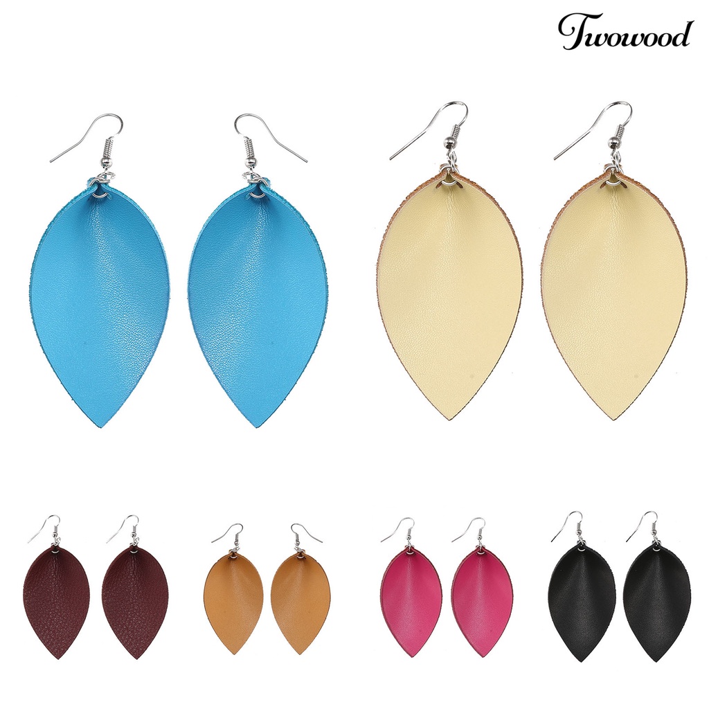 Twowood 1 Pair Hook Earrings Leaf Shape Ethnic Style Faux Leather Plant Shape Lightweight Dangle Earrings for Wedding