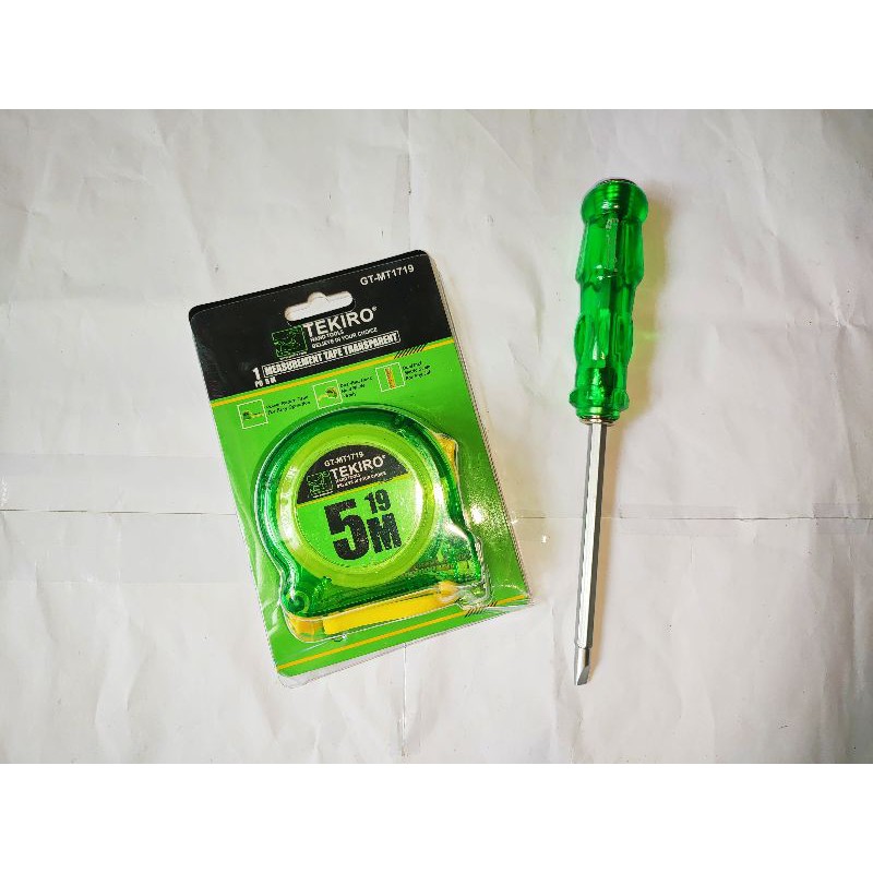 PROMO Meteran Tekiro 5 MeterTransparan Measuring Tape 5 M Roll Matic + Obeng Ketok Bolak Balik