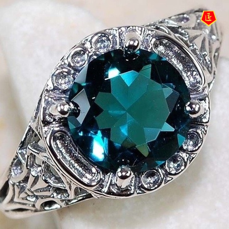 [Ready Stock]Green Topaz Gemstone Ring Retro Elegance