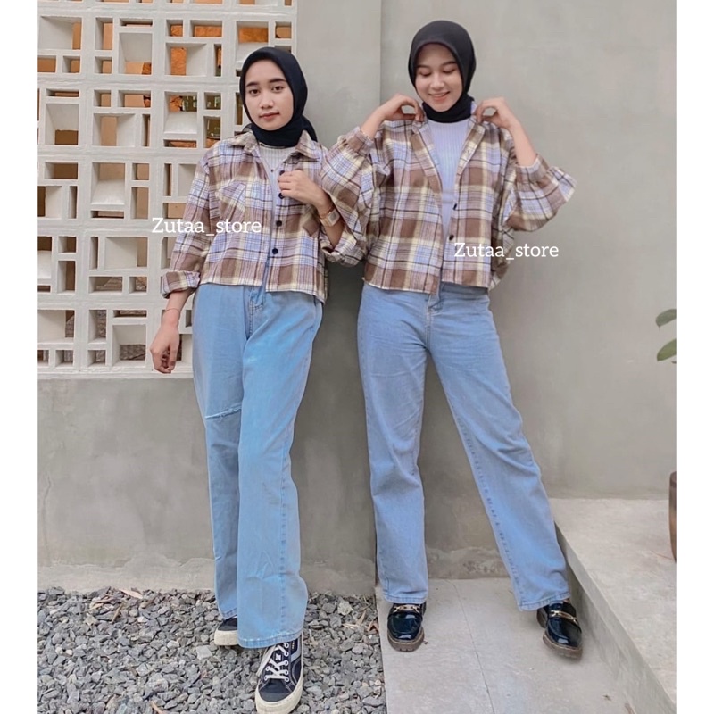 Kemeja crop top saku oversize viral flanel // kemeja crop flanel daily office shirt premium