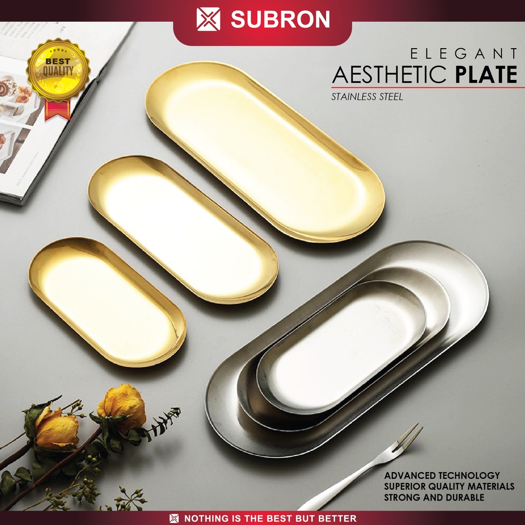 SUBRON Nampan Piring Oval Emas Perak Tray Silver Gold Perhiasan Aesthetic Stainless Kilap Elegan Can