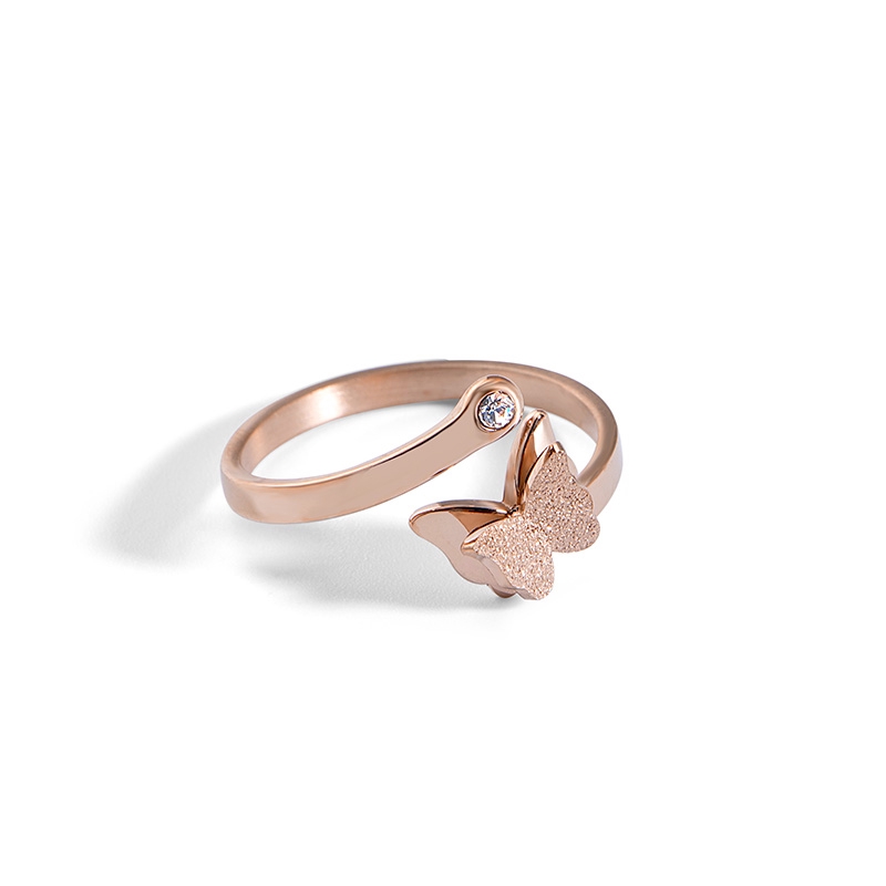 Cincin Titanium Steel Motif Kupu-kupu Warna Rose Gold Frosted untuk Pasangan / Pria / Wanita