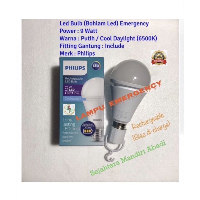 Lampu Bohlam LED Bulb Emergency 9 Watt Lithium Baterai Charge Philips