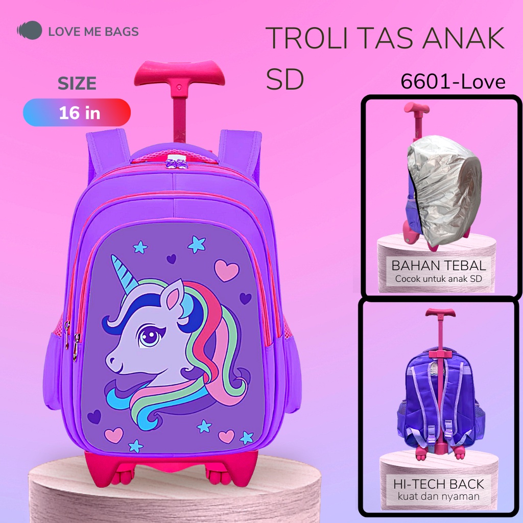 LMB Tas Troli Anak Perempuan SD Gambar Karakter Kuda Poni Unicorn Timbul 6D Import Bahan Nilon Premium