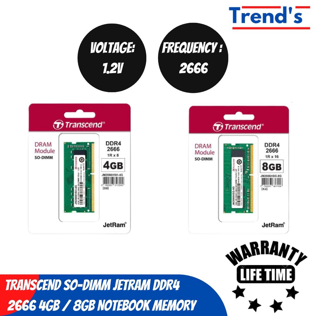 TRANSCEND SO-DIMM JETRAM DDR4 2666 4GB / 8GB [NOTEBOOK RAM]