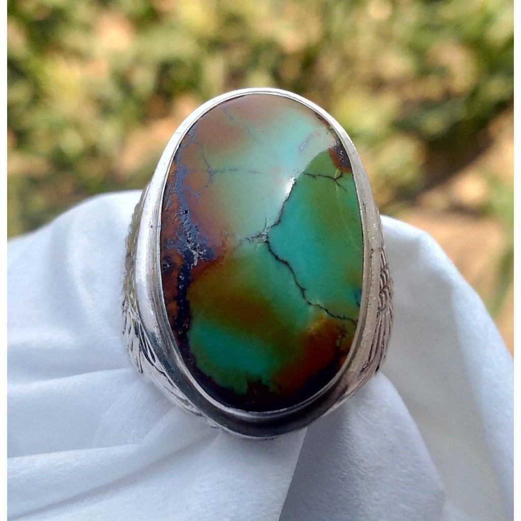Natural Pirus Persia Hijau Gradasi Ring Perak 925 Handmade Ukir las