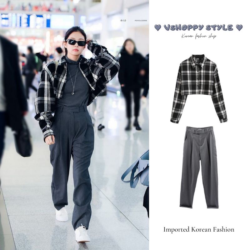 [READY STOCK] Dupes jennie blackpink set crop shirt  pants
