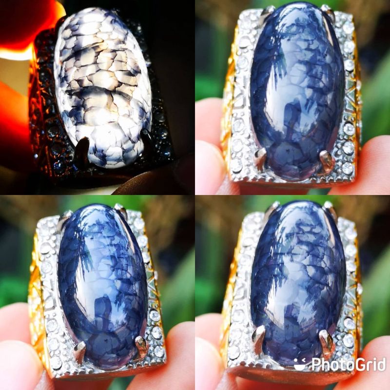 Batu Akik Natural Pandan Sisik Naga Biru Bodi Kristal Ring Titanium