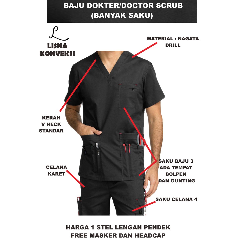 Baju Oka Doctor APD Scrub Baju Dokter Banyak Saku Nagata Drill XS-XL