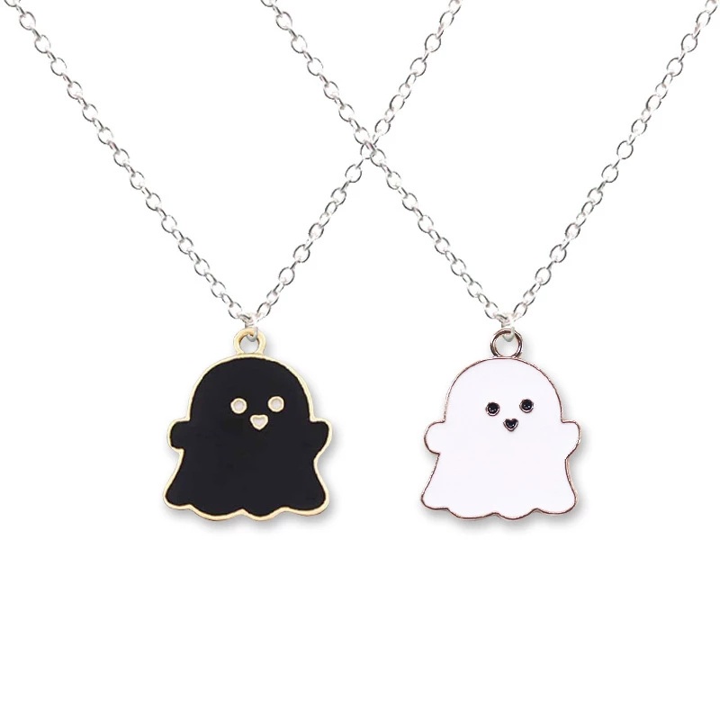 [Women Personality Cute Halloween Black White Small Ghost Couple Pendant Necklace] [Girls Vintage Metal Simple Chain Necklaces ] [Ladies Fashion Clavicle Necklace]