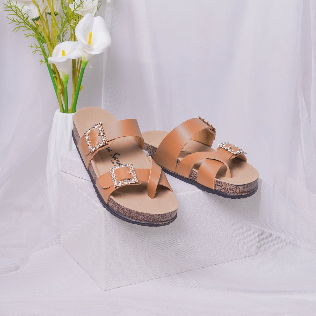 SARA SARA KIARRA Sandal wanita birken ban dua silang kristal sendal cewek flat nyaman terlaris